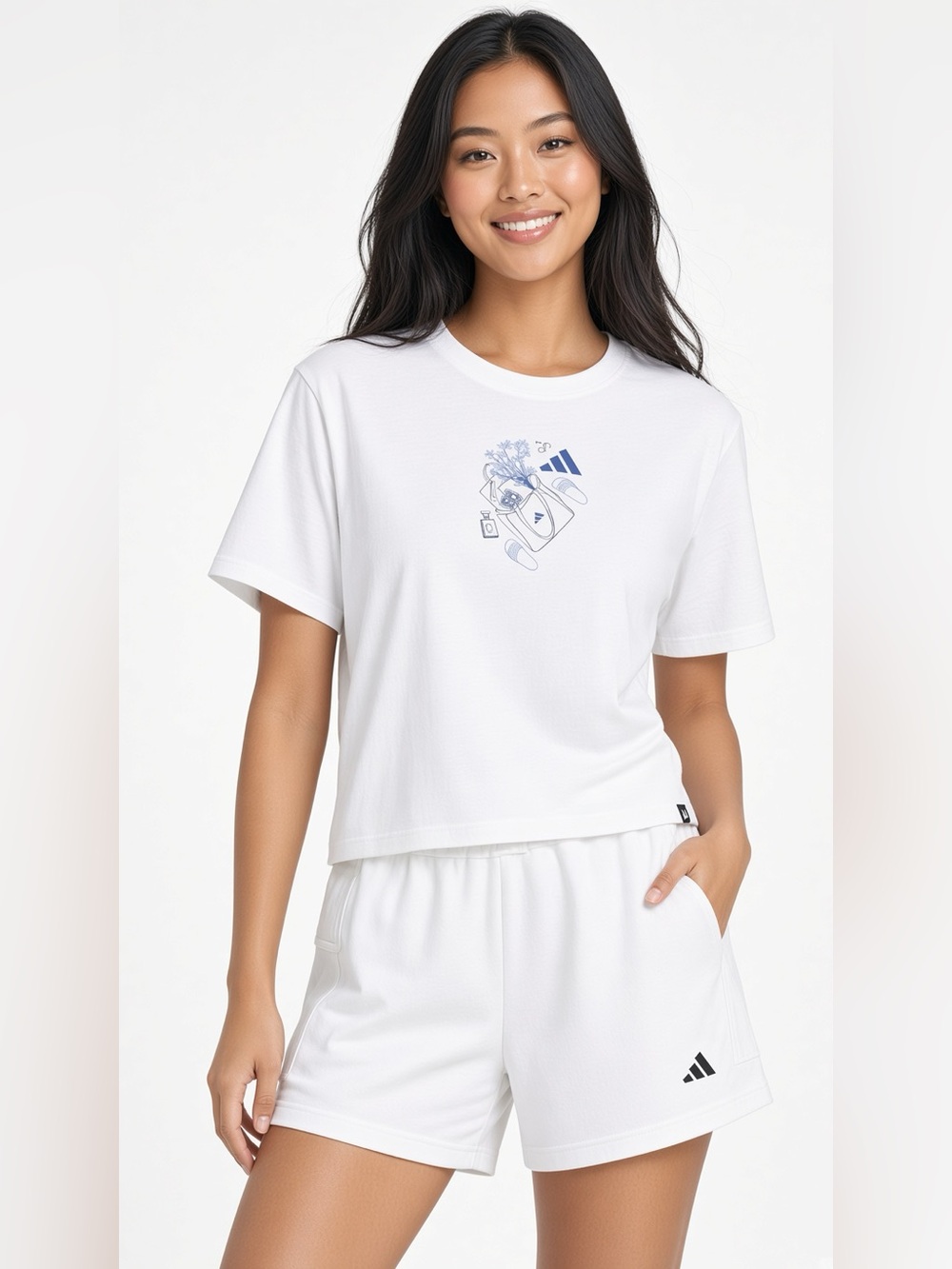 Adidas Women’s Farmers Market Graphic T-Shirt White Blue JVJ06 Loose Fit-SIZE XS